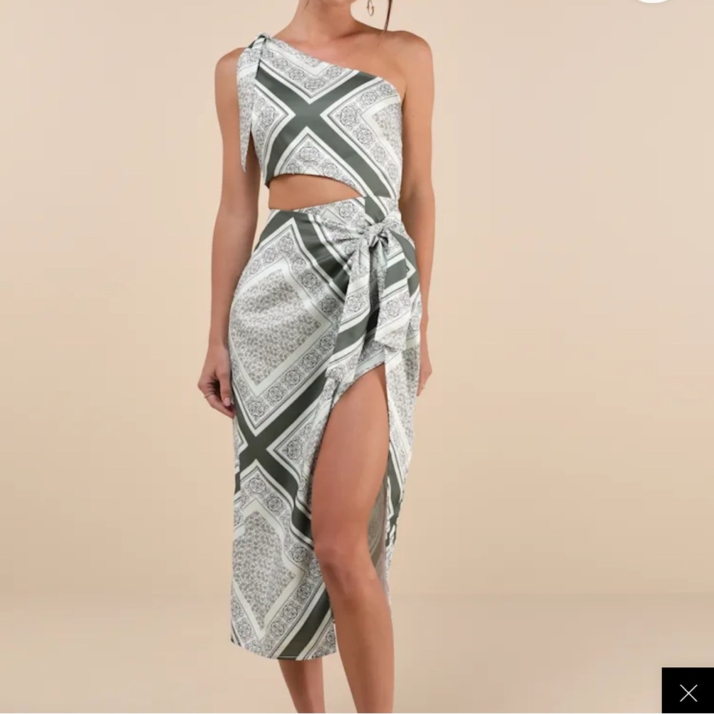 Lulus Vacay Beauty Olive Scarf Print One-Shoulder Tie-Strap Midi Dress Small